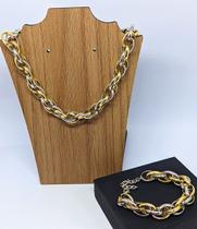 Kit Conjunto Colar Choker e Pulseira Corrente elos Grosso Oval Duplo Mix dourado com Prata Luxo Folheado Ouro Tendência