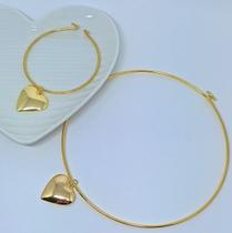 Kit Conjunto Colar Choker e Pulseira Elo Aro com Pingente Pequeno Liso Folheado Ouro 18k Dourado Moda Blogueira luxo