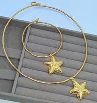 Kit Conjunto Colar Choker e Pulseira Elo Aro Liso Estrela do Mar Verão Folheado Ouro 18k Dourado Moda Lançamento 2023