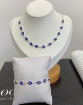 Kit Conjunto Colar Choker e Pulseira Olho grego Azul Dourado e Prata Folheado Gargantilha Prateado Proteção Amuleto Kit Conjunto Colar Choker e Pulseira Olho grego Azul Dourado e Prata Folheado Gargantilha Prateado Proteção Amuleto