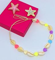 Kit Conjunto Colar Choker Feminino e Par de Brincos Conchas Artesanal praiano Pérolas Búzios Estrela do mar Moda Praia