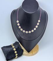 Kit Conjunto Colar choker Feminino + Pulseira Flores Margaridas Branca colorido Folheado Prata Acessórios Moda verão
