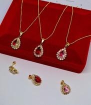 Kit Conjunto Colar Corrente e Brincos Gota com Pedras Zircônias Cristais Folheado Ouro 18k Presente Blogueira