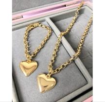 Kit Conjunto Colar Corrente e Pulseira Elos Português Pingente Coração liso Folheado Ouro 18k Moda Feminina Presente Kit Conjunto Colar Corrente e Pulseira Elos Português Pingente Coração liso Folheado Ouro 18k Moda Feminina Presente