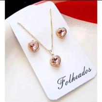 Kit Conjunto Colar e Brinco Coração Folheado Aço Inox Antialérgico Kit Conjunto Colar e Brinco Coração Folheado Aço Inox Antialérgico