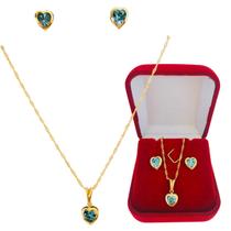 Kit Conjunto Colar e Brinco Coração Ponto de Luz Zircônia Azul Folheado a Ouro 18 k