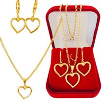 Kit Conjunto Colar e Brinco Corações Vazado Banhado a Ouro 18k