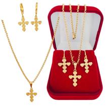 Kit Conjunto Colar e Brinco Cruz Corações Banhado a Ouro 18k