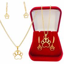 Kit Conjunto Colar e Brinco Pet Patinha Banhado a Ouro 18k
