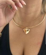 Kit Conjunto Colar e Brincos com Pingente Coração Liso Choker Elo Aro Rigido Folheado Ouro Brinco Antialérgico