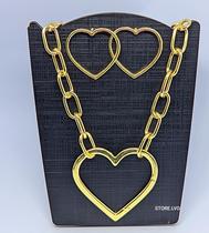Kit Conjunto Colar e Brincos Corrente Elo Grosso Coração Mosquetão Grande Folheado Ouro Conjunto Par de Brinco Luxo
