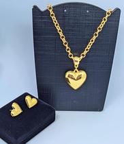 Kit Conjunto Colar e Brincos Corrente Elo Português Pingente Coração Liso Pequeno Folheado Ouro Brinco Antialérgico Moda