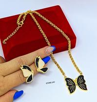 Kit Conjunto Colar e Brincos Corrente Pingente Borboleta Grande resinado Preto Branco Folheado Ouro Brinco Antialérgico