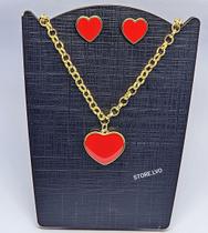 Kit Conjunto Colar e Brincos Elo Português Folheado Ouro Pingente Coração Grande Love Vermelho Presente Tendência Moda