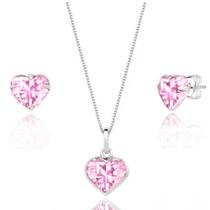 kit Conjunto Colar e Par Brinco Coração Zirconia Prata 925 / 45 / Rosa kit Conjunto Colar e Par Brinco Coração Zirconia Prata 925 / 45 / Rosa