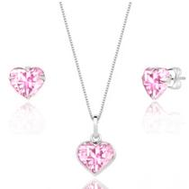 kit Conjunto Colar e Par Brinco Coração Zirconia Prata 925