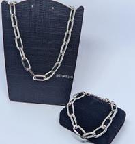 Kit Conjunto Colar e Pulseira Feminino Corrente Elo Quadrado Grossa Folheado Ouro Dourado e Prata Choker Luxo Moda