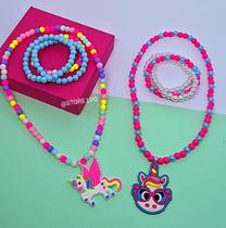 Kit Conjunto Colar e Pulseiras Infantil Menina Miçangas Pérolas Coloridas Personagens Disney Unicórnio Sereia Moana Moda