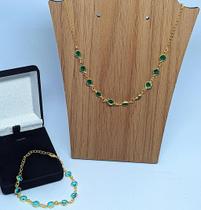 Kit Conjunto Colar Garganilha e Pulseira Tiffany Cristal com Zircônias Ponto de Luz Cristais Verde Esmeralda Presente