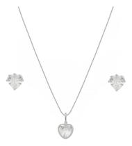 Kit Conjunto Colar Prata 925 + Brincos Coração Zircônia