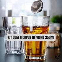 Kit Conjunto com 6 Copos de Vidro Transparente 350ml Bebidas Vitaminas Drink Água Suco Refresco Milkshake Batida Bourbon Cerveja