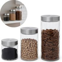 Kit Conjunto Com3 Potes de Vidro Com Tampa Em Inox, Capacidades 2130ml, 1260ml e 870ml, Para Armazenamento de Alimentos Fratelli