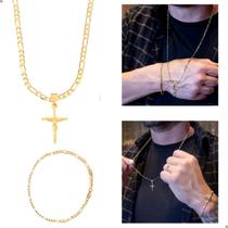 Kit conjunto Corrente 70 cm Pingente Jesus na Cruz E Pulseira Masculina Modelo 3x1 Banhada Ouro 18k Banho Antialérgico Marca Andréia Branco Acessórios