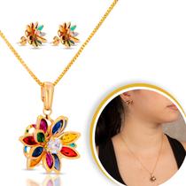 Kit Conjunto Corrente Brinco Banhado Flor Lótus Zircônia Colorida