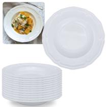 Kit Conjunto de 12 Pratos Fundos Brancos 22,5 Cm Borda Decorada Delicada em Melamina / Plastico Premium Bestfer