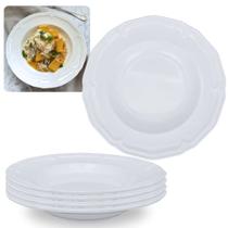 Kit Conjunto de 4 Pratos Fundos Brancos 22,5 Cm Borda Decorada Delicada Melamina / Plastico Premium Bestfer