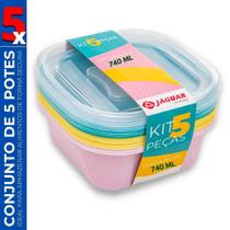 Kit Conjunto de 5 Potes Plástico 740ml Marmita Freezer Microond BPA Free Tampa Alta Vedação - Jaguar