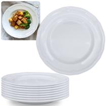 Kit Conjunto de 8 Pratos Rasos Brancos 26,5 Cm Borda Decorada Delicada em Melamina / Plastico Premium Bestfer