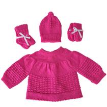 Kit Conjunto de bebê recém nascido 3 peças de lã ( casaquinho, gorro, luva e meia de tricô) fita