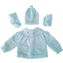 Kit Conjunto de bebê recém nascido 3 peças de lã ( casaquinho, gorro, luva e meia de tricô) fita Kit Conjunto de bebê recém nascido 3 peças de lã ( casaquinho, gorro, luva e meia de tricô) fita