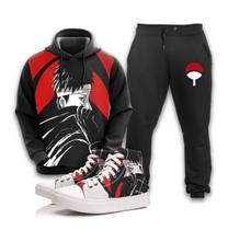 Kit Conjunto De Moletom Naruto Anime Blusa Mais Calça E Tênis