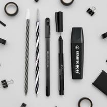 Kit Conjunto de Papelaria Canetas PRETAS - CiS Spiro, Marca-texto, Fine Pen e Esferográficas 5 Peças