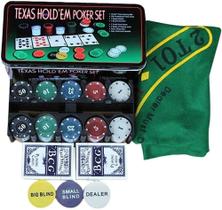 Kit Conjunto de Poker com Estojo, 200 Fichas, 3 Botões, 2 Baralhos e 1 Feltro- Texas Holdem - L&Y