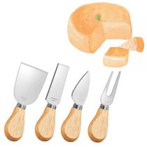 Kit Conjunto De Utensílios Para Queijo 4 Peças Premium em Inox e Madeira