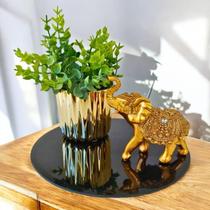 Kit Conjunto Decorativo 4 Peças Enfeite de Mesa Elefante Preto com Dourado Vaso Planta e Bandeja de