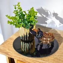 Kit Conjunto Decorativo 4 Peças Enfeite de Mesa Elefante Preto com Dourado Vaso Planta e Bandeja de