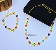 Kit Conjunto Feminino Colar e Pulseira com Elos Corações Cristal Coloridas folheado Ouro Dourado e Prata Luxo Presente Kit Conjunto Feminino Colar e Pulseira com Elos Corações Cristal Coloridas folheado Ouro Dourado e Prata Luxo Presente