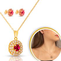 Kit Conjunto Feminino Dourado Com Pedras Zircônia Rosa