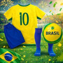 Kit Conjunto Futebol Infantil Torcedor Brasileiro Meião Atoalhado Confortável e Bola Brasil