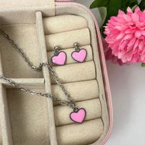 Kit Conjunto Infantil Brinco e Colar Aço Inox Coração rosa
