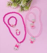 Kit Conjunto Infantil Colar e Pulseira Anel Miçangas Pérola Colorida Pingente Urso Coelho Flor Sereia Doce Borboleta