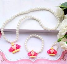 Kit Conjunto Infantil Colar e Pulseira Anel Miçangas Pérola Colorida Pingente Urso Coelho Flor Sereia Doce Borboleta