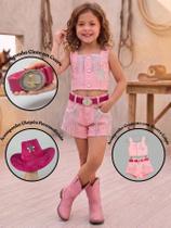 Kit Conjunto Infantil Jeans para Meninas Colete e Short com franjas e cinto couro Boiadeira -Texas- Kit Conjunto Infantil Jeans para Meninas Colete e Short com franjas e cinto couro Boiadeira -Texas-