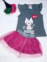 kit Conjunto infatil feminino, Meow blusa cinza + shot saia rosa + vestido Jeans azul kit Conjunto infatil feminino, Meow blusa cinza + shot saia rosa + vestido Jeans azul