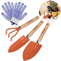 Kit Conjunto Jardinagem 3 Peças Cabo Madeira + Luva