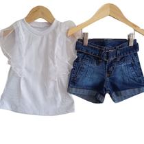 Kit Conjunto Jeans Infantil Meninas 2 itens-Short+Blusa+Cinto-Manu-Jeans Total